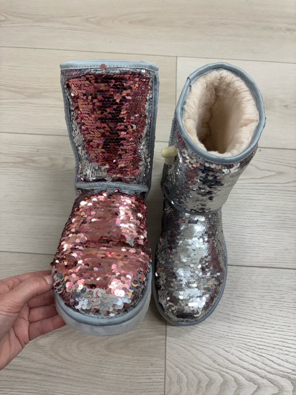 UGG Classic Short Sequin Boots in Pink & Silver